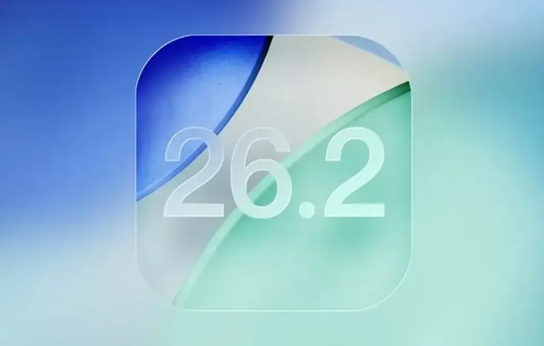 Tampilan layar iPhone dengan logo iOS 26.2, simbol pembaruan sistem operasi terbaru Apple