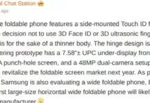 Ilustrasi render ponsel lipat Apple dengan sensor sidik jari Touch ID di samping bodi, menunjukkan desain tipis.