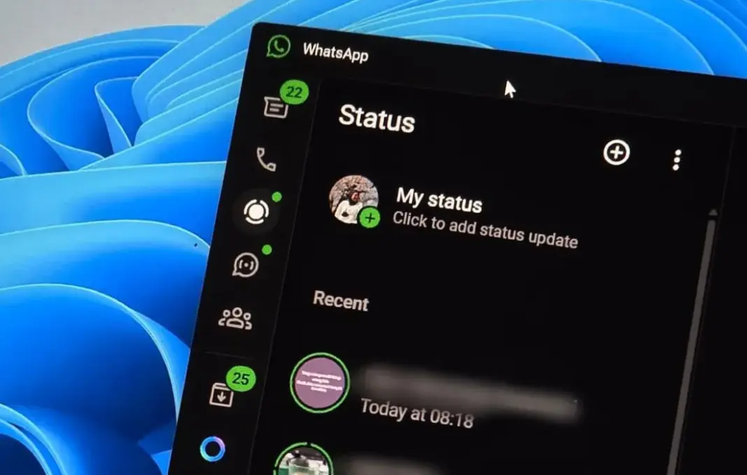 Tampilan antarmuka WhatsApp Desktop untuk Windows yang menampilkan tab baru untuk membuat dan melihat Status WhatsApp langsung dari komputer.