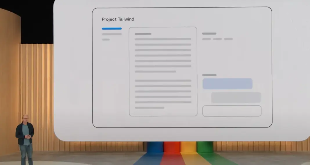 Google mendemonstrasikan kemampuan Project Tailwind, cikal bakal NotebookLM, dalam presentasi teknologi.