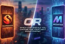 Ilustrasi perbandingan logo chipset Qualcomm Snapdragon dan MediaTek Dimensity di atas papan sirkuit elektronik