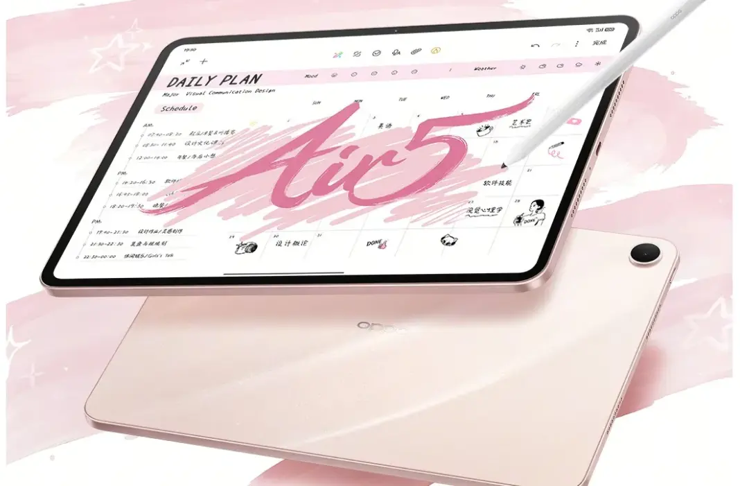 Tampilan resmi tablet Oppo Pad Air5 dalam dua pilihan warna, Starlight Pink dan Space Grey
