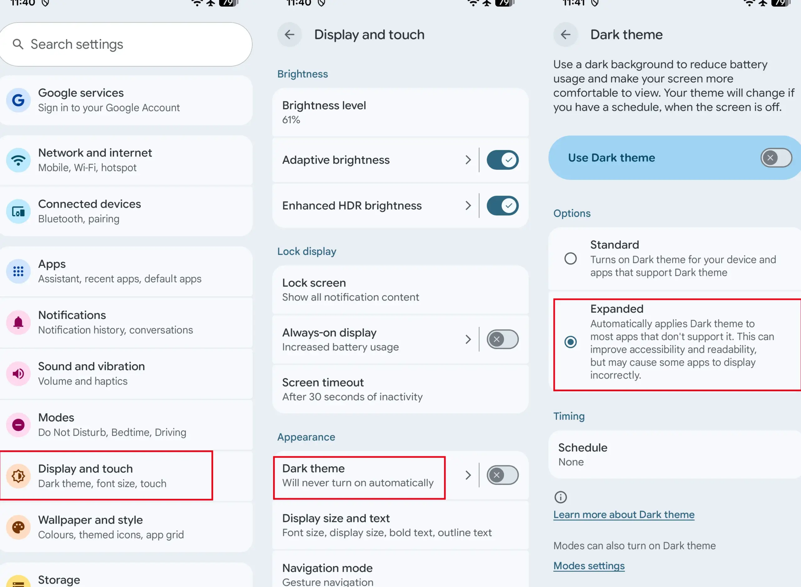 Expanded Dark mode option on Pixel 8 Pro in Android 16 QPR2 update