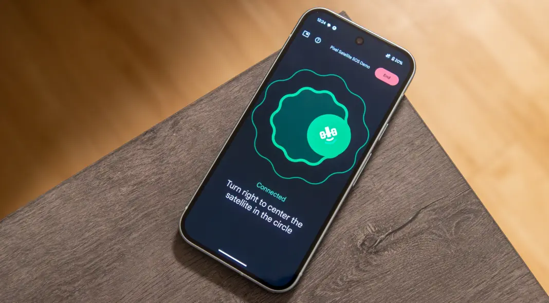 Ilustrasi demo fitur Satellite SOS pada Google Pixel 9, menunjukkan koneksi satelit untuk situasi darurat.