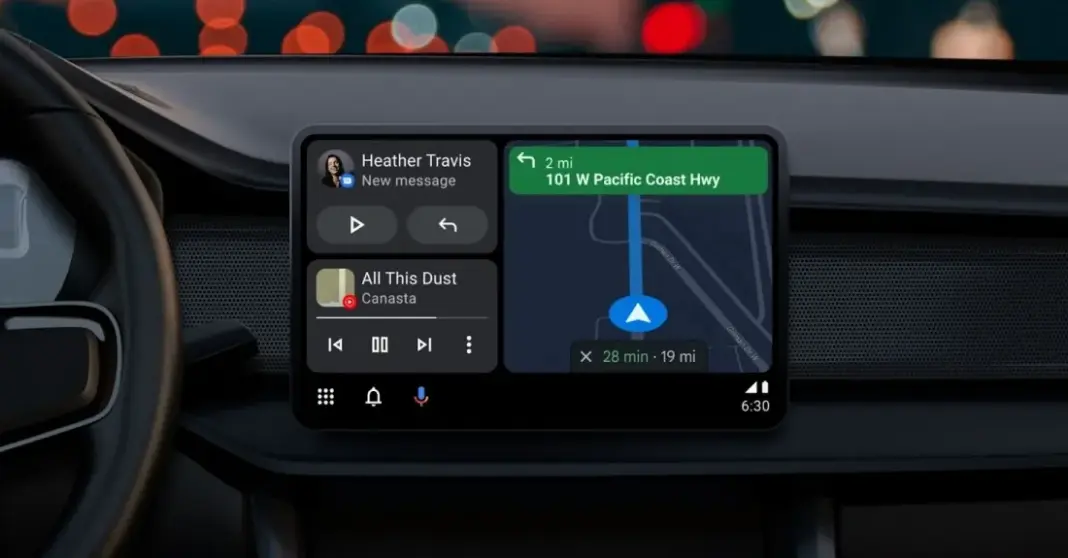 Ilustrasi antarmuka Android Auto di layar dashboard mobil dengan ikon Google Cast dan pemutar musik yang didesain ulang