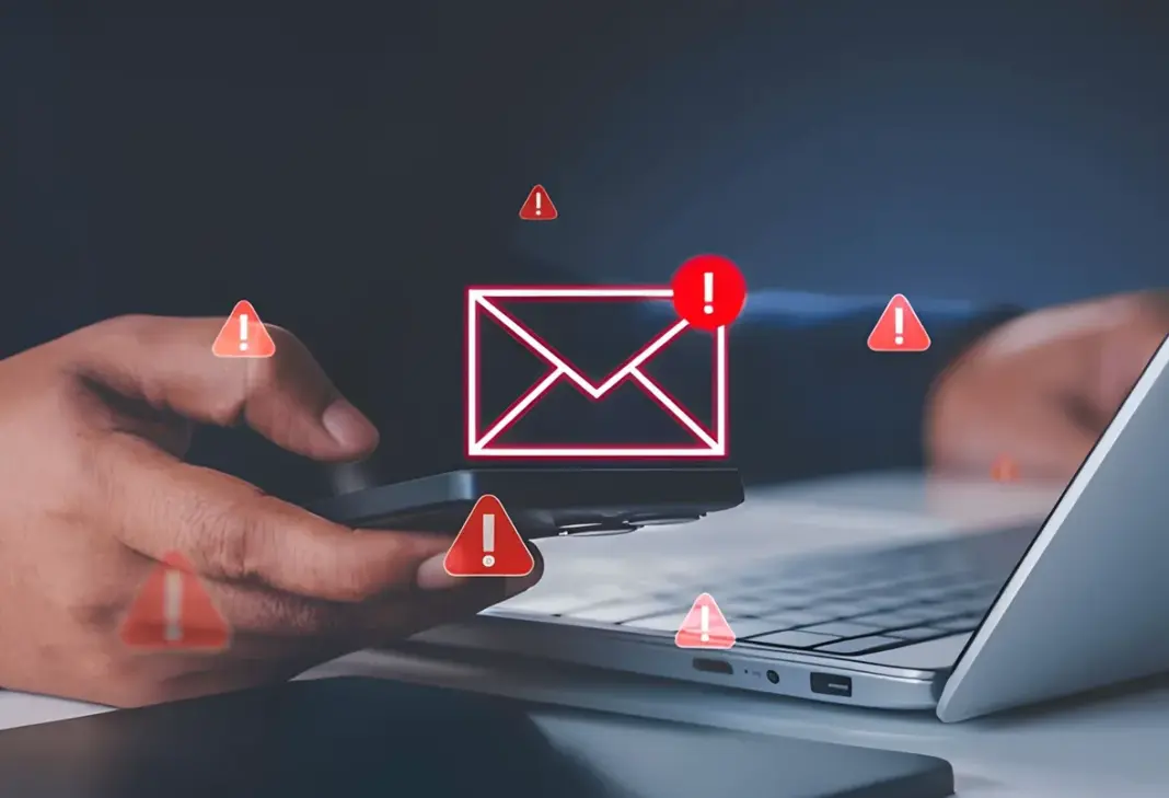 Ilustrasi laptop dengan ikon kunci dan perisai melambangkan keamanan akun email dari serangan hacker.