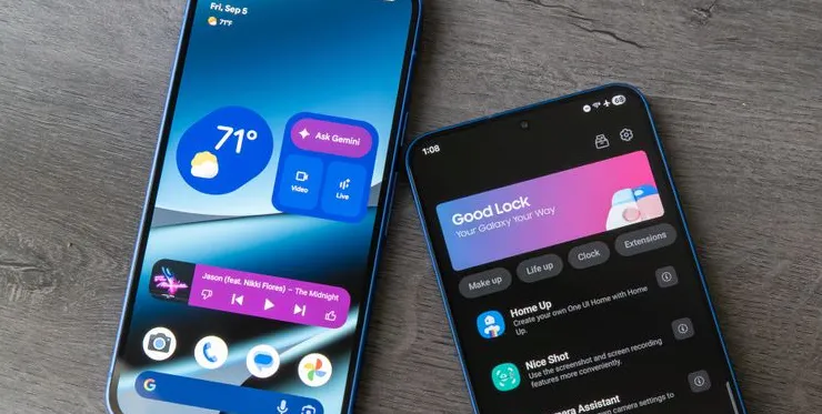 Pixel 10 next to the Galaxy S25 Plus with Google Lock open