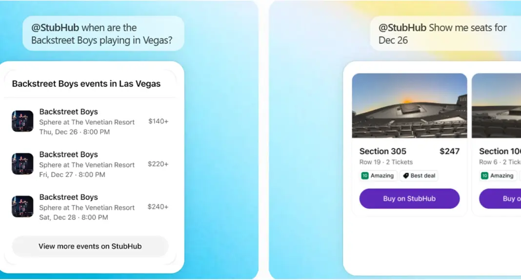 Antarmuka percakapan ChatGPT menunjukkan hasil pencarian tiket acara dari aplikasi StubHub yang terintegrasi