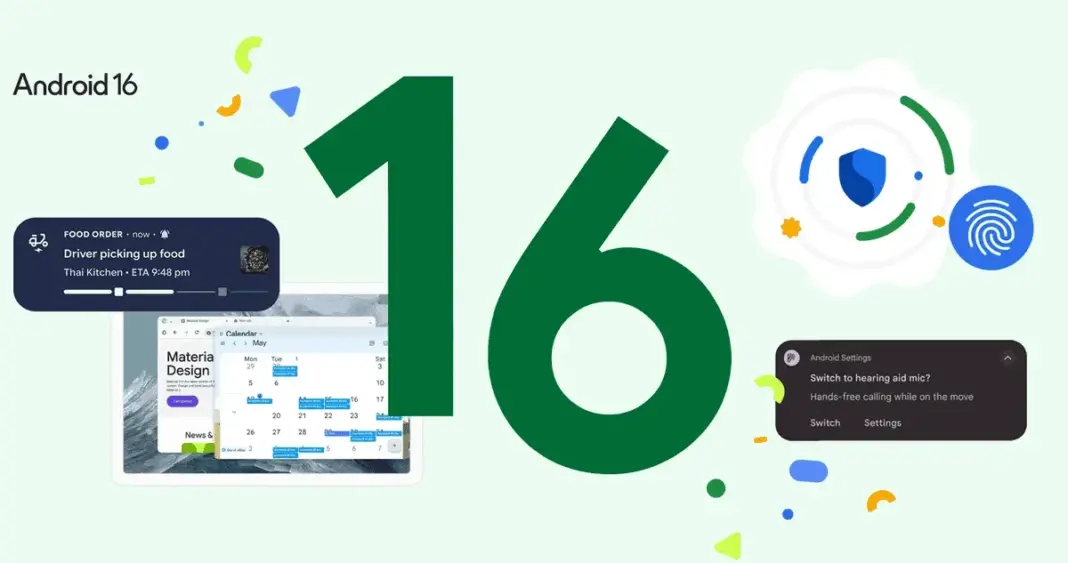 Ilustrasi antarmuka sistem operasi Android 16 dengan ikon-ikon dan elemen AI yang futuristik di layar smartphone.
