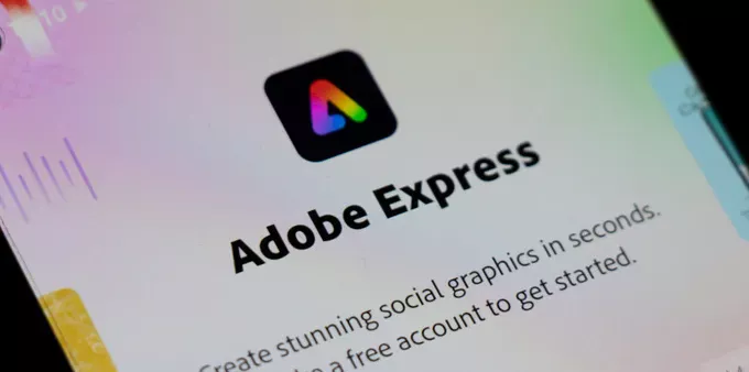 Phone displaying Adobe Express app on the screen