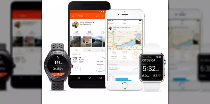 Strava app displayed across smartphones and smartwatches