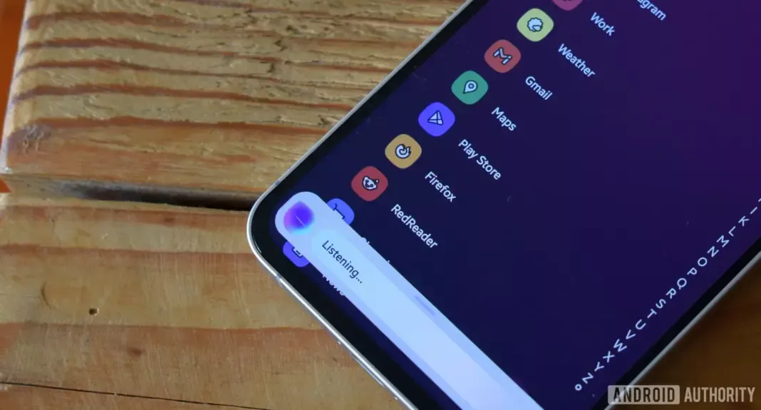 Ilustrasi asisten virtual Samsung Bixby sedang mendengarkan perintah pengguna di ponsel Galaxy dengan latar dialog AI.