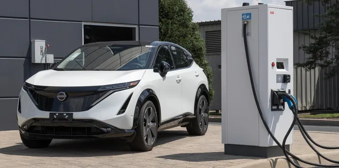 A white 2023 Nissan Ariya next to a charger.