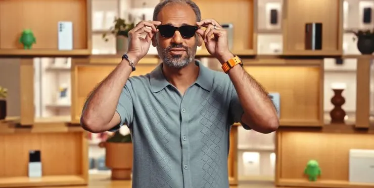 Android president Sameer Samat wearing Google's upcoming smart glasses, as seen on The Android Show I/O Edition 2025