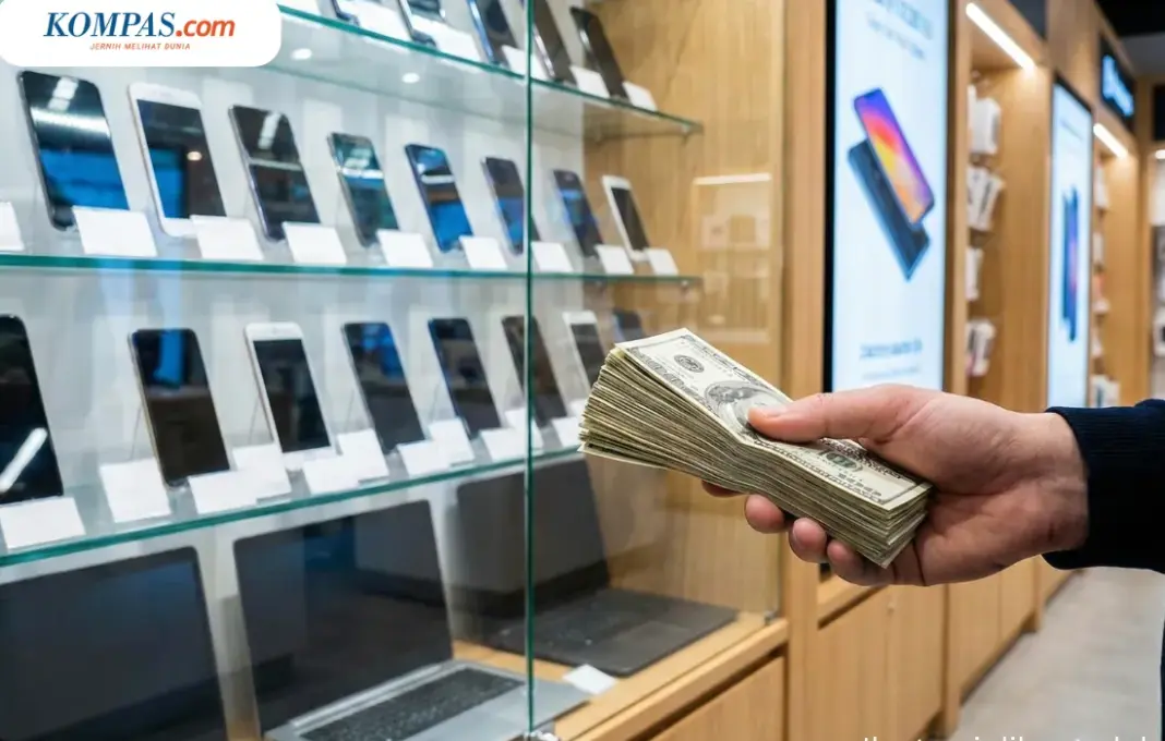 Ilustrasi grafik harga yang naik di belakang smartphone dan laptop, merepresentasikan prediksi kenaikan harga HP dan PC di tahun 2026.