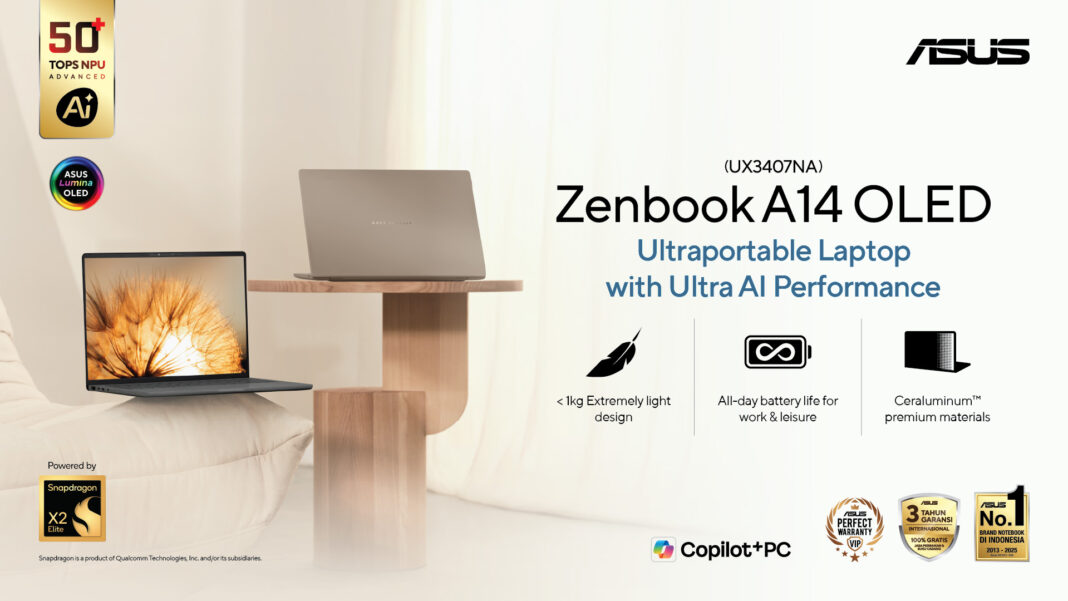 Asus Zenbook A14 OLED Usung Snapdragon X2 Elite dan Baterai 24 Jam