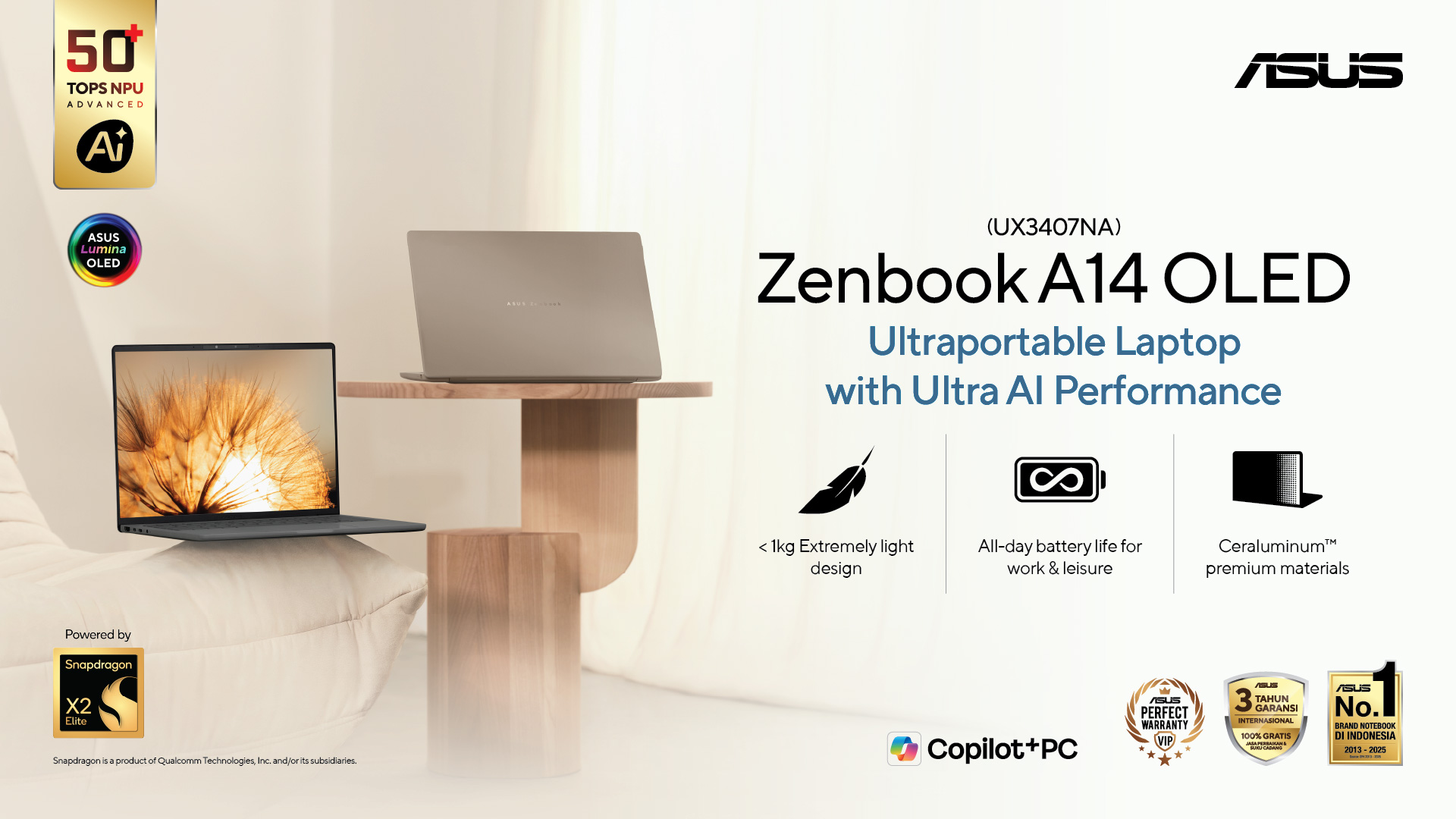 Asus Zenbook A14 OLED Usung Snapdragon X2 Elite dan Baterai 24 Jam