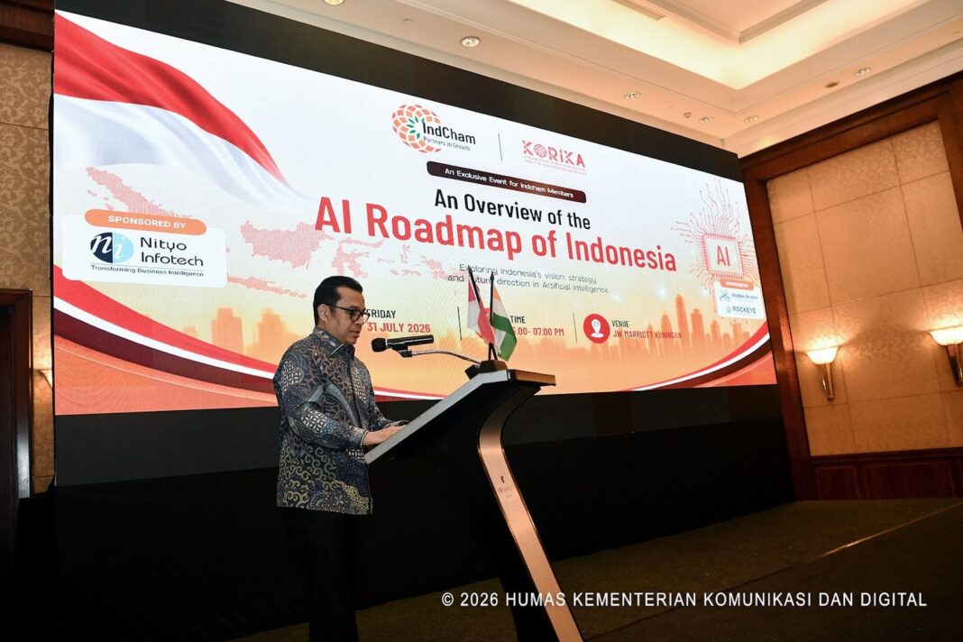 Wamenkomdigi Nezar Patria menyampaikan sambutan saat acara An Overview of the AI Roadmap of Indonesia di Hotel JW Marriott, Jakarta, Jumat (31072026).